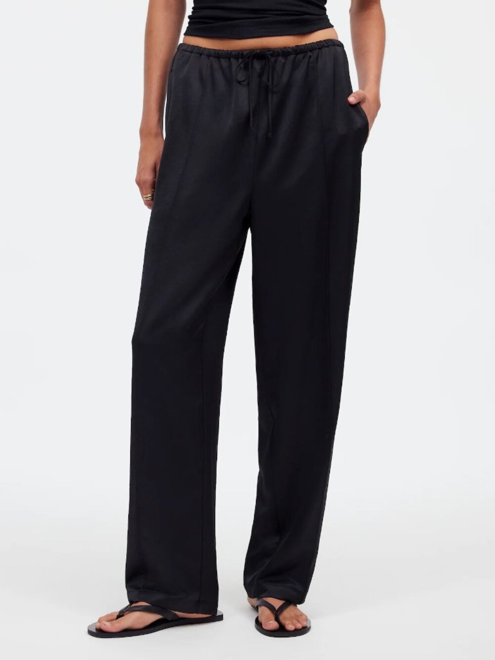 Madwell Pintucked Slim Pull-On Pants in Satin | Black XS